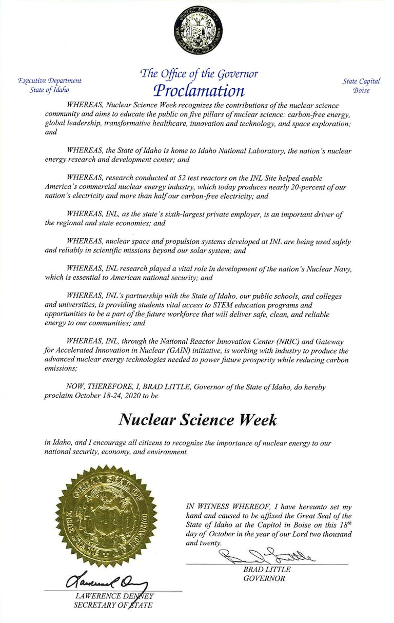 Nuclear Science Week, NSW, Idaho National Laboratory, Brad Little, Idaho Governor, Proclamation