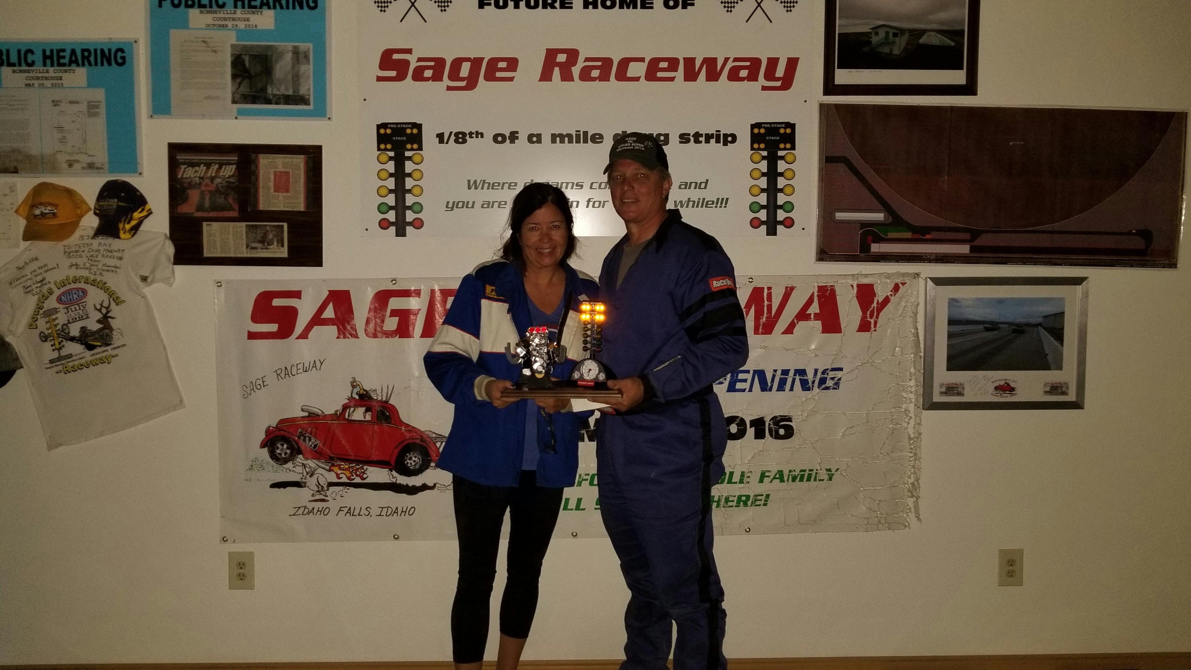 a man and a woman pose with a trophy, drag racing, idaho racing, idaho drag racing